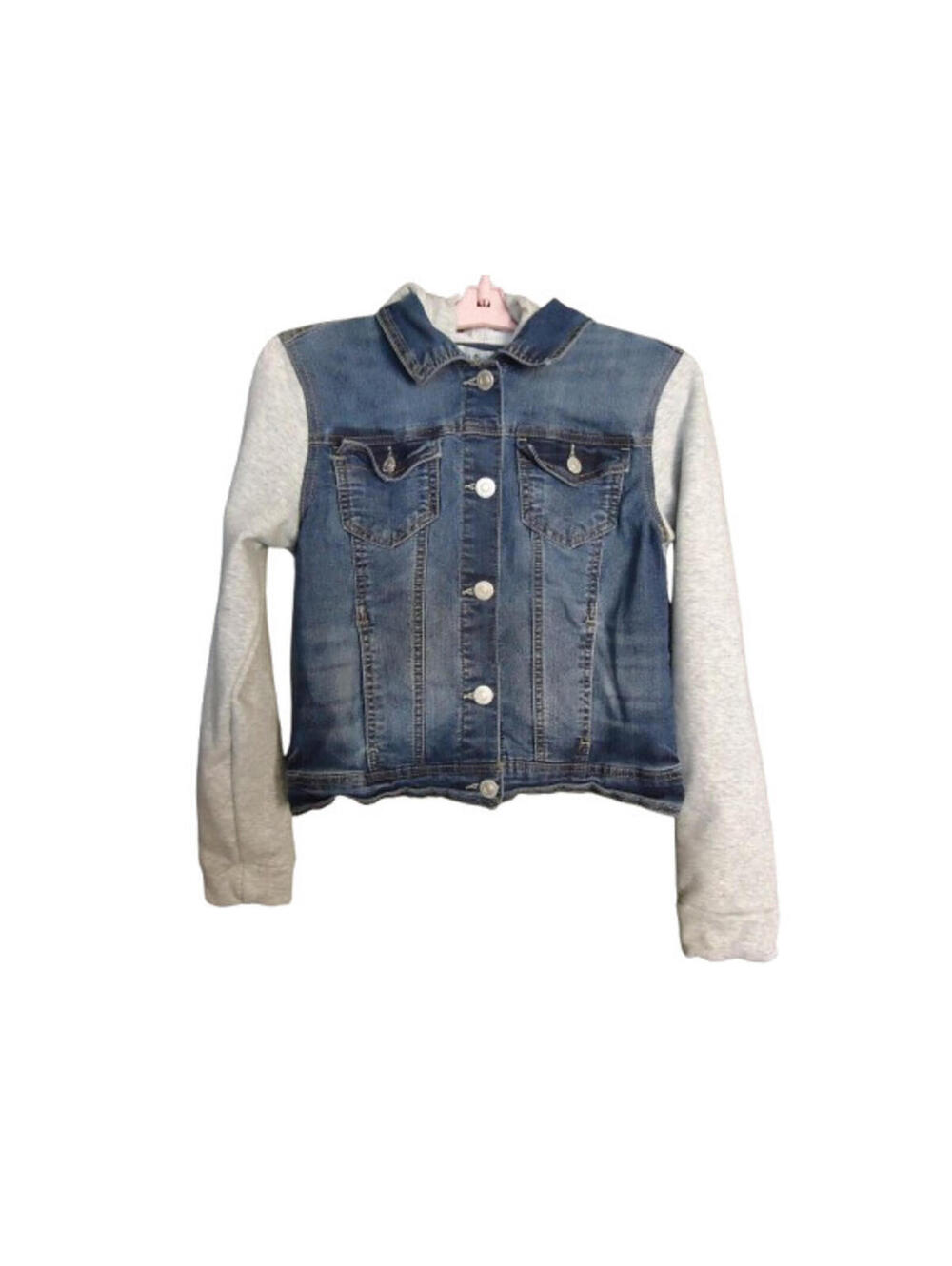 Wallflower The Dreamer Fit Hooded Denim Jacket Distressed Womens Size Medium Y2K